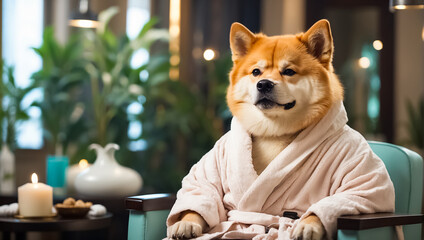 Beautiful dog in a bathrobe in a spa salon resting