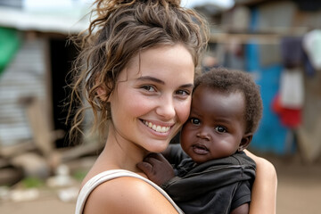Close up portrait of happy smiling european woman holding in her arms and hugging cute black baby on background of african slums