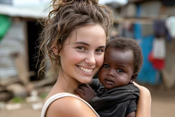 Poster Heringsdorf, Deutschland Close up portrait of happy smiling european woman holding in her arms and hugging cute black baby on background of african slums