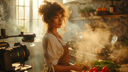 A young Caucasian woman recording a video blog at home.