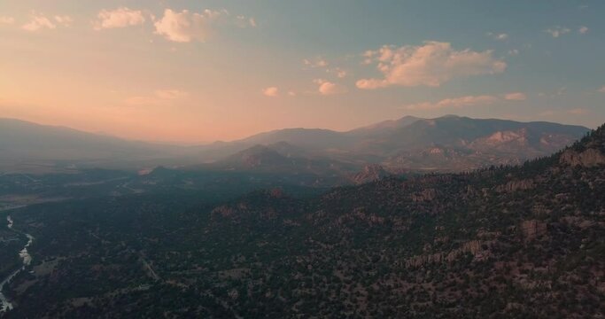 Drone shot of the Sawatch Mountain range at sunset in Buena Vista, Colorado