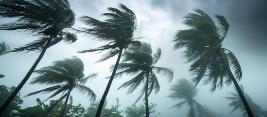 Coconut palm trees being blown by strong winds in a tropical storm under an overcast sky. - obrazy, fototapety, plakaty