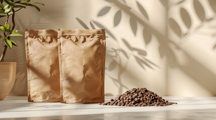 Craft paper coffee bean bag mockup, blank foil bag template in 3d rendering