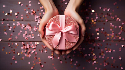 Young woman's hands holding a pink color giftbox with a bow on pink background with confetti.