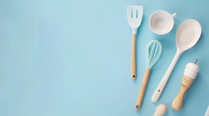 Abstract background featuring kitchen utensils and kitchenware with ample copy space, ideal for culinary blogs, recipe websites, suitable for food festivals or World Food Day promotions
