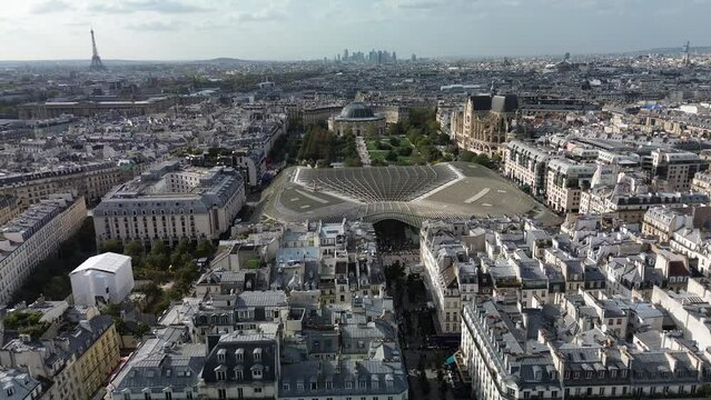 La Canopee of Forum Les Halles with Eiffel Tour in background, Paris cityscape. Aerial drone panoramic view
