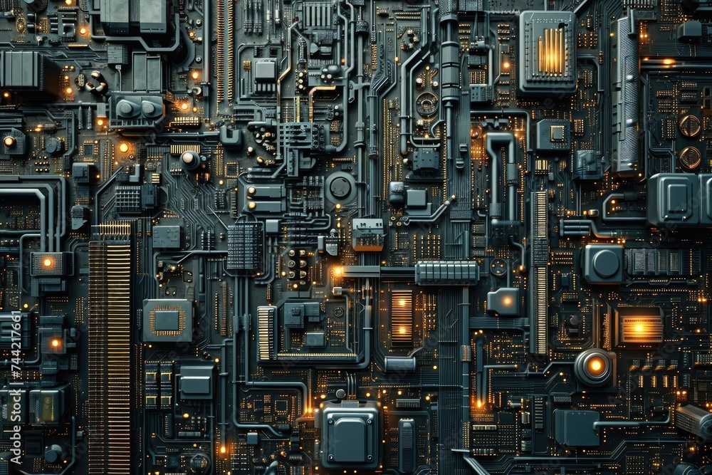 Poster a computer circuit board showcasing an array of yellow lights, illuminating the intricate electronic