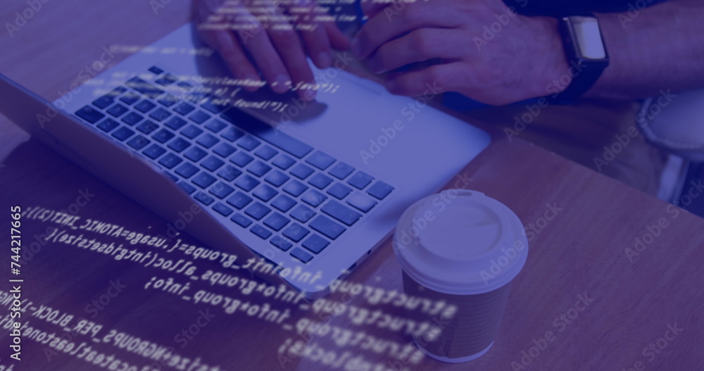 Poster image of floating statistics and graphs over man using a laptop drinking coffee