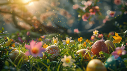 Flowery forest or field background for Easter party concept.