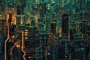 A Vibrant Metropolis Illuminated by Countless Lights, Intricate circuit board pattern resembling a cityscape, AI Generated