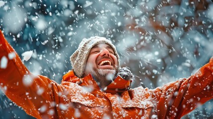 Capture the joy and cheerfulness of a winter snow travel vacation, featuring a laughing and smiling man, a male traveler reveling in happiness.