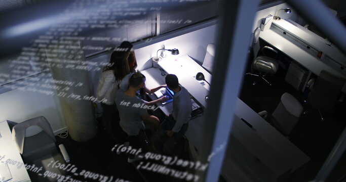 Image of floating statistics and data over people working in the office