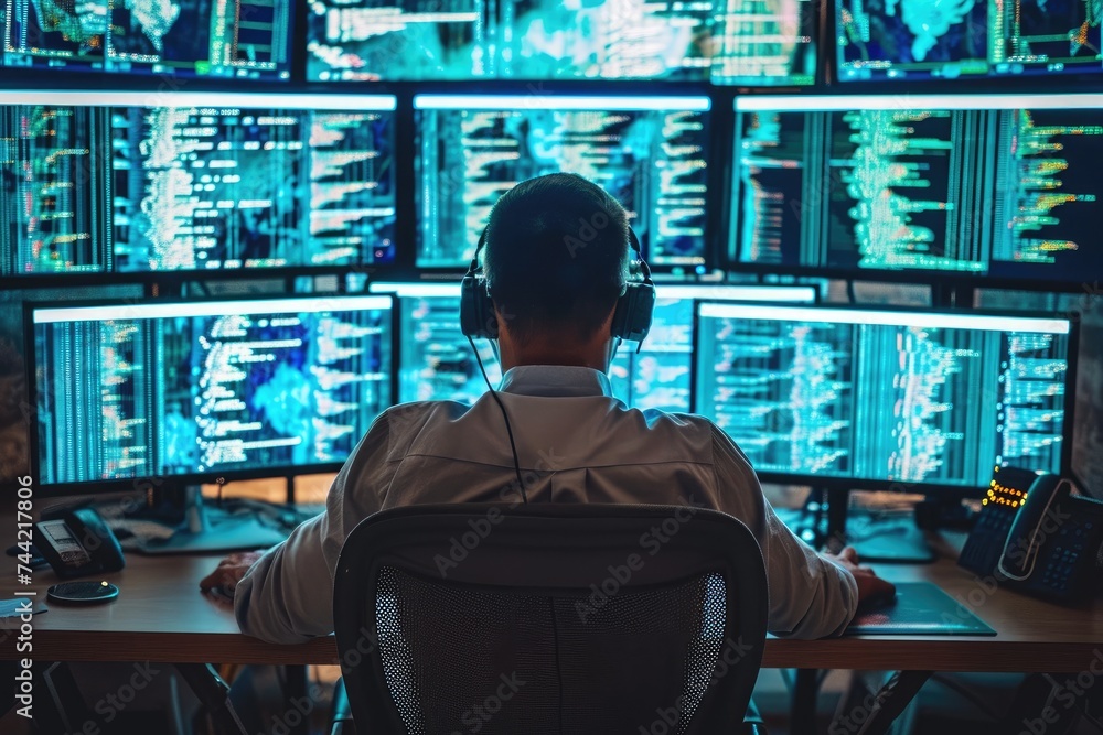 Poster a man focuses on his work as he sits at a desk, surrounded by multiple computer monitors, it support