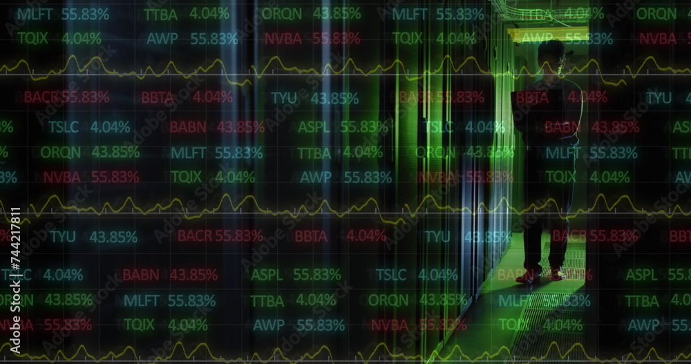 Poster image of data processing over asian male it engineer with laptop checking computer servers