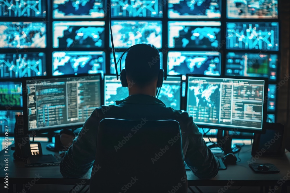Poster a man is seated at a desk, attentively working in front of several screens displaying various digita