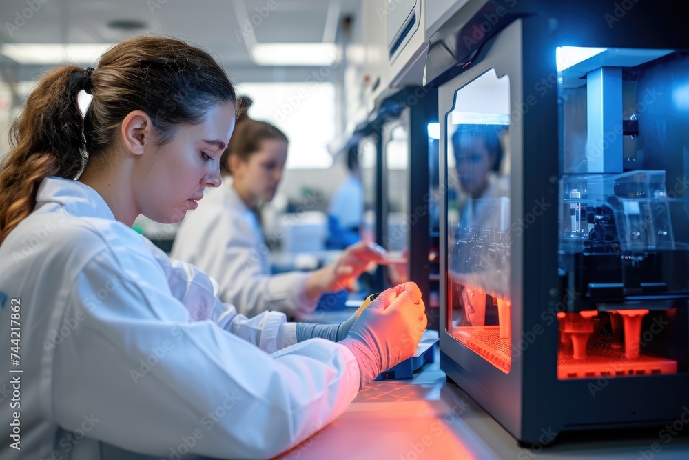 Poster a woman is seen operating a machine in a laboratory, focusing on her work with precision, lab techni
