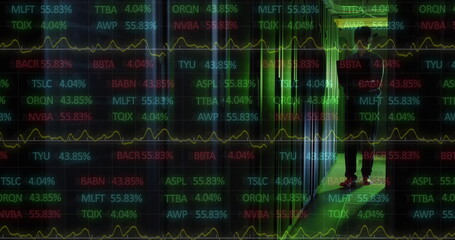 Image of data processing over asian male it engineer with laptop checking computer servers