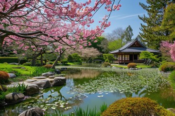 Fototapeta na wymiar A photo capturing a small pond in the midst of a wooded area, enclosed by lush trees and vibrant flowers, Japanese garden in full bloom during spring, AI Generated