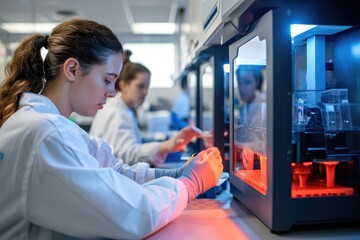 A woman is seen operating a machine in a laboratory, focusing on her work with precision, Lab technicians using a 3D bioprinter, AI Generated