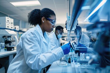 A team of researchers, wearing lab coats, diligently conducting experiments and analyzing data in a busy laboratory, Lab technicians using a 3D bioprinter, AI Generated