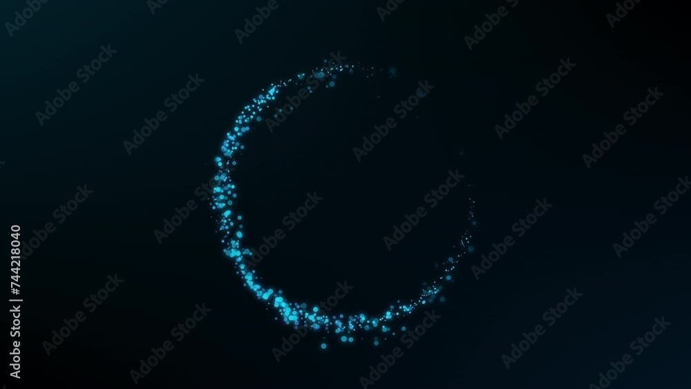 Poster evolving animation of blue particles forming a ring with a trail of bokeh spirals