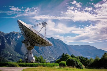 A very large satellite dish is prominently placed in the middle of a vast field, Large satellite dish receiving data from space, AI Generated