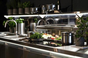 Stainless steel kitchen with fresh vegetables and cookware on a sleek countertop. - obrazy, fototapety, plakaty