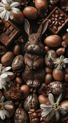 Obraz na płótnie Canvas Easter bunny made of chocolate in the middle of chocolate bars for Easter party concept.