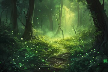 Fototapeta premium Fantasy forest with sparkling lights, enchanted trail, serene, lush greenery, mythical, nature
