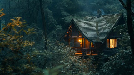 A solitary cabin stands amidst the dense forest, its walls painted with the colors of nature, as the fog blankets the winter night