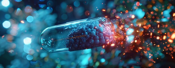 Dynamic Medical Capsule Bursting with Treatment Beads. Medical capsule opening with vibrant particles, depicting a modern drug release concept.