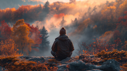 Rear view of young man in jacket sitting on peak of mountains and meditating or resting in autumn morning outdoor. Generative AI - 744218421