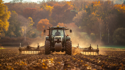 Tractor working in field with forest behind in autumn time, hoeing soil, agricultural works. Generative AI - 744218448