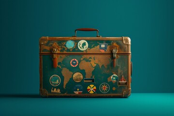 A vibrant suitcase adorned with stickers serves as an eye-catching indoor accessory, containing a cherished collection of memories and destinations