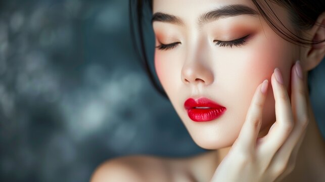 Craft an image featuring a young Asian beauty woman with pulled-back hair, showcasing Korean makeup style. Capture the moment as she delicately touches her face,
