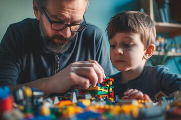A father and his young son bond over their shared love for building with  their glasses glinting in the indoor light as they create colorful worlds on the tabletop game