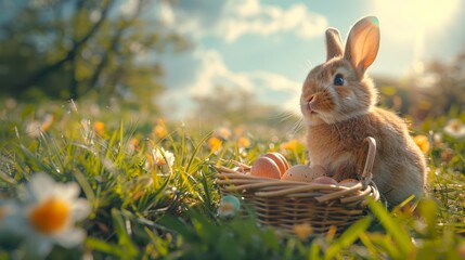 Easter bunny in the forest in the garden with a basket of colored eggs, Easter egg hunt, religious Christian holiday