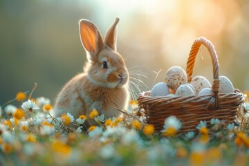 Easter bunny in the forest in the garden with a basket of colored eggs, Easter egg hunt, religious Christian holiday - obrazy, fototapety, plakaty