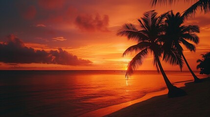 As the fiery sun dips below the horizon, casting a warm afterglow over the tranquil ocean, a lone palm tree stands tall in the serene tropics, a perfect end to a peaceful outdoor evening