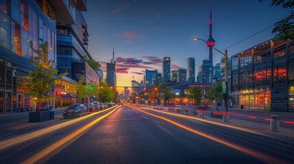 An urban thoroughfare in the heart of downtown, lined with street lights and towering buildings, leads to a picturesque cityscape under a sunset sky - obrazy, fototapety, plakaty