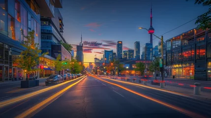 Foto op Canvas An urban thoroughfare in the heart of downtown, lined with street lights and towering buildings, leads to a picturesque cityscape under a sunset sky © AiHRG Design