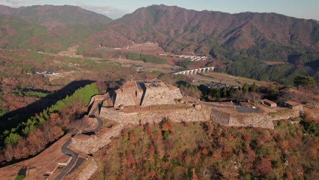 Panoramic Drone Above Old Civilization Ruins in Mountain Valley Takeda Castle, Japanese Hyogo Prefecture, Asago during Morning Sunshine