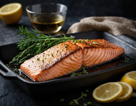 Baked salmon on a plate, Scandinavian cuisine with fish, Healthy concept, gluten free and lectin free.