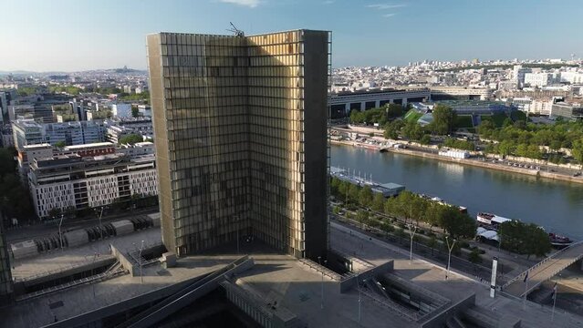 Bibliotheque Nationale Francois Mitterrand or National Library of France, Paris cityscape. Aerial drone view