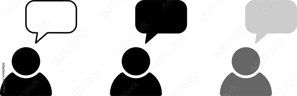 Poster person avatar figure and blank speech bubble or cloud conversation communication message symbol elem