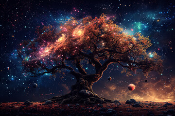 Cosmic Vitality - The Enigmatic Tree of Stellar Life / A Universe in Bloom: Celestial Wonders and Cosmic Phenomena - obrazy, fototapety, plakaty