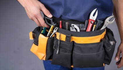 Close-up of Maintenance worker with bag and tools kit wearing on waist.
