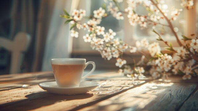 A cup of hot tea on wooden table near white flowers on natural blur background. AI generated image