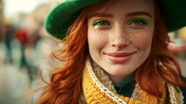 Slow motion portrait of a redhead Irish girl with freckles and green eyeliner smiling on the street during a Saint Patrick's Day celebration