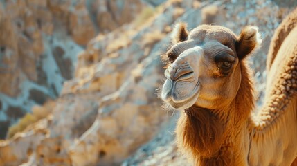 Close up of a camel head in the desert during sunny day. AI generated image